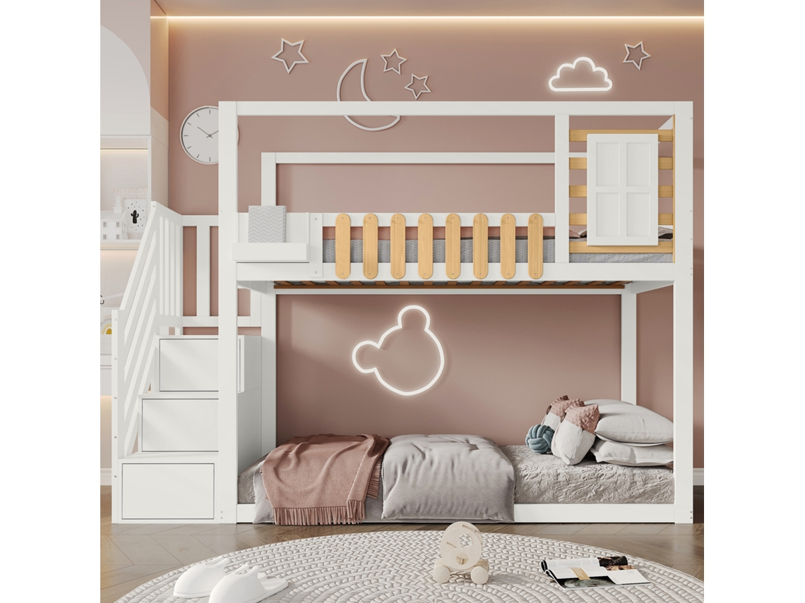 Litera De 90x200 Cm En Madera Maciza De Pino Con Escalera De Almacenamiento, Ventana, Estantes Y Barandillas De Seguridad, Color Blanco.