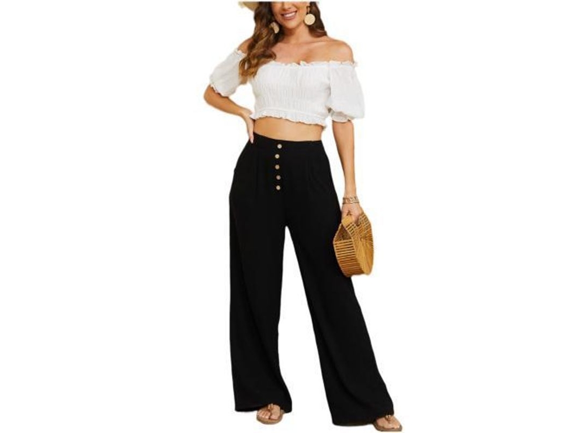 2026-pantalones Anchos De Algodón Y Lino Para Mujer De Cintura Alta Con Bolsillos Verano Flowy Xxl Negro