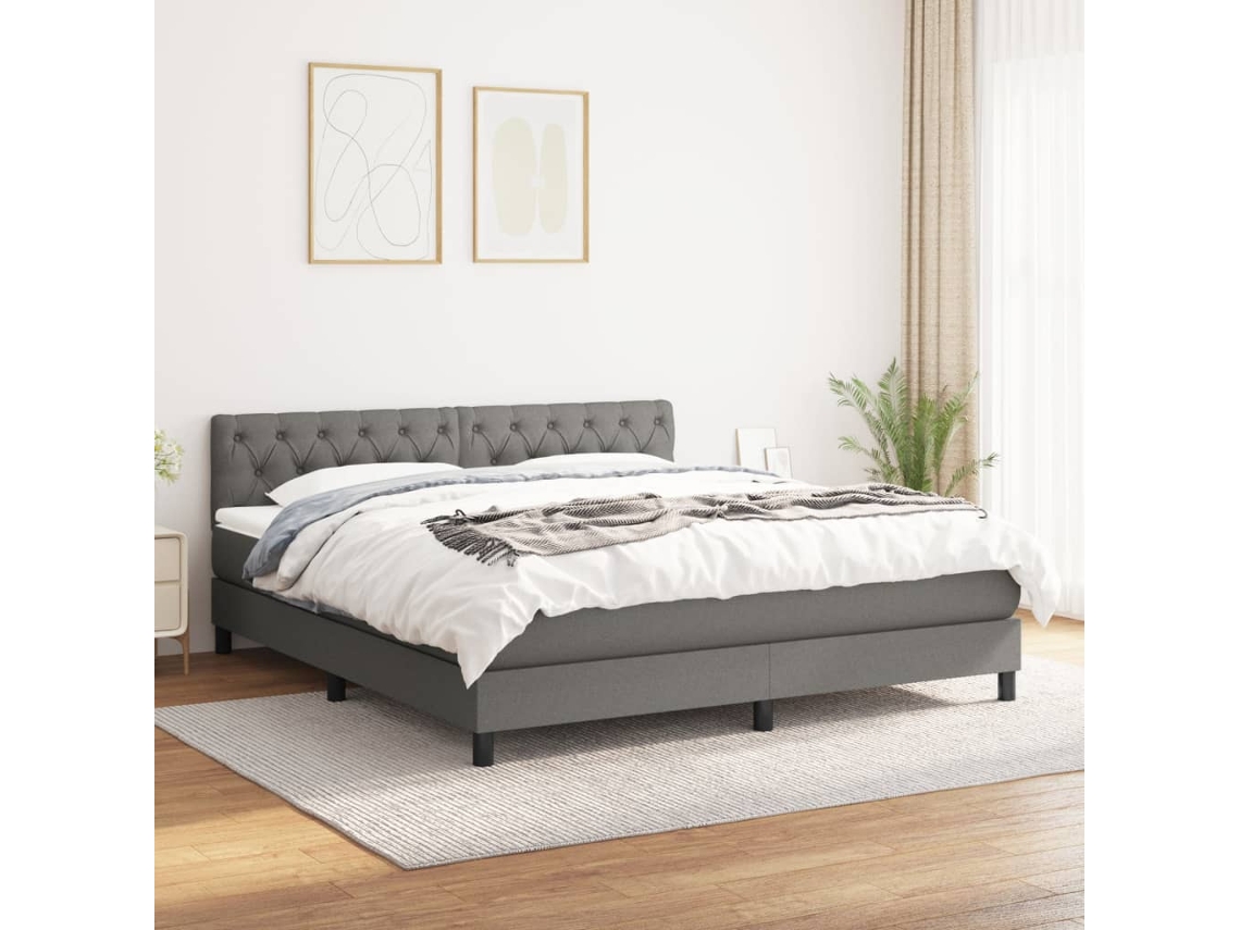 Cama Box Spring Con Colchón Tela Gris Oscuro 160x200 Cm