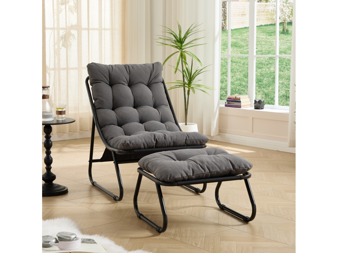 Sillón De Jardín Con Reposapiés Y Cojín Reclinable, Color Negro, Taburete Gris.