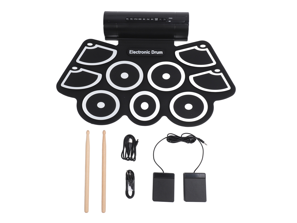 Batería Electrónica Con 9 Pads, Enrollable, Usb, Interfaz Midi, Silicona, Abs, 2 Pedales, Baquetas.