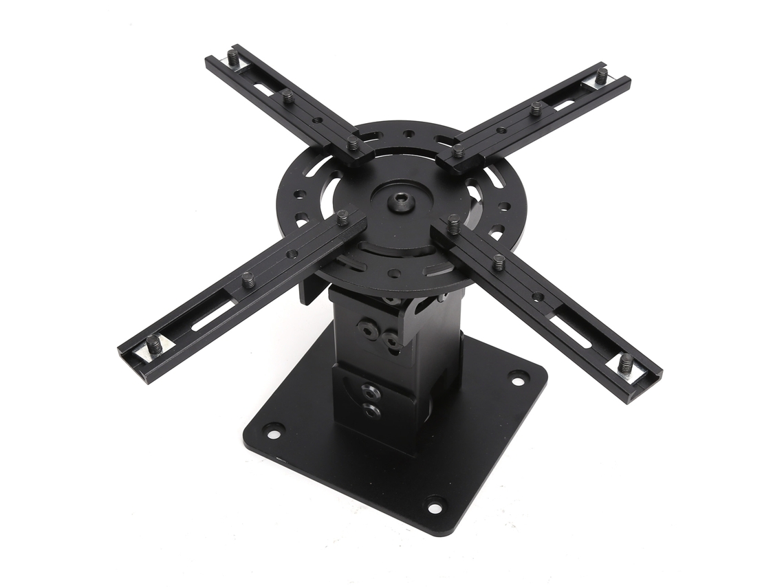 Soporte técnico para proyector de aluminio con rotación de 360° y brazos ajustables.