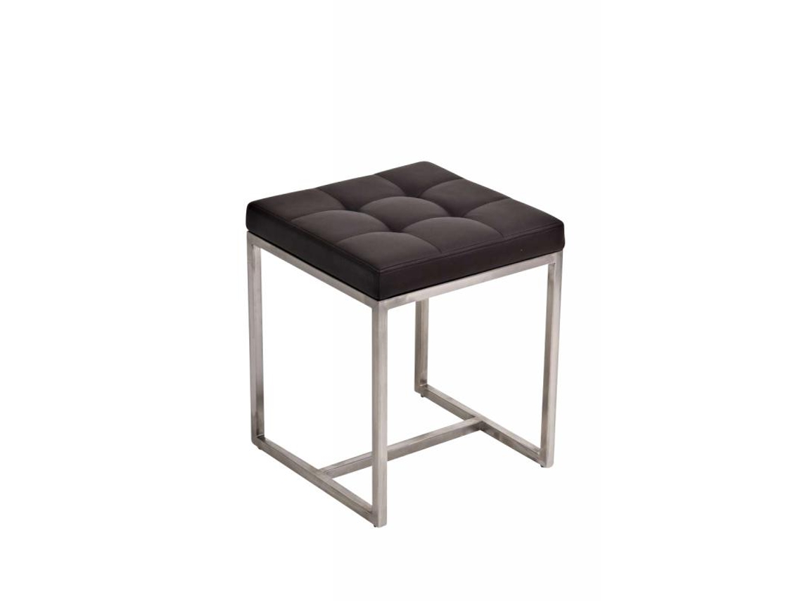 Taburete bajo en material sintético marrón con patas de acero inoxidable cepillado, acabado mate, clásico y práctico 10_0001189