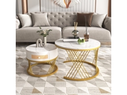Mesa De Centro 2 En 1 70x70+50x50 Cm - Tapa Mármol, Cajones Ratán Y Patas Doradas - Blanco