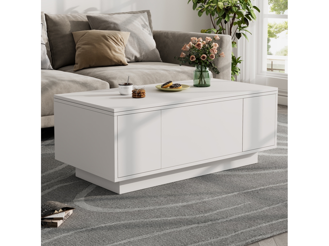 Mesa de centro moderna con doble mecanismo de elevación y almacenamiento oculto. Capacidad de carga: hasta 50 kg. Color blanco.
