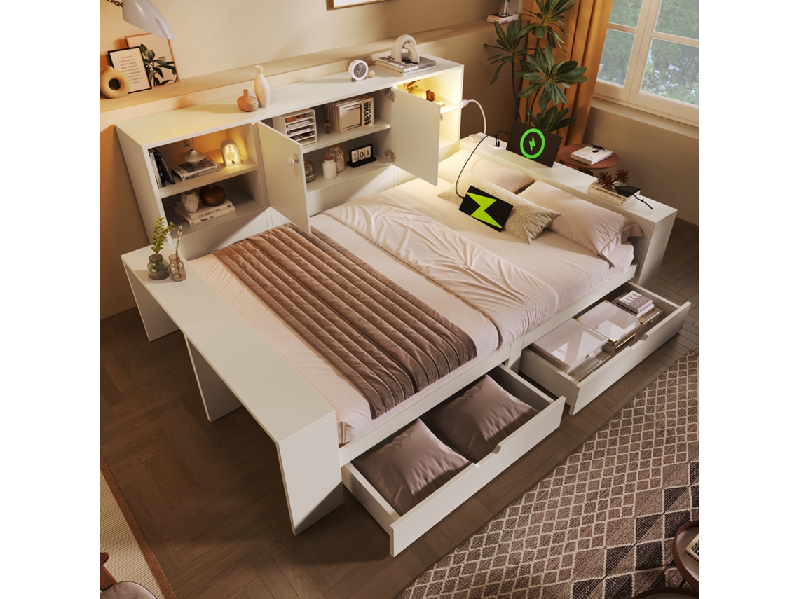 Cama Blanca 140x200 Cm Con Almacenamiento, Cajones, Puertas, Usb Y Usb-c, Diseño Ahorro De Espacio, Colchón No Incluido.