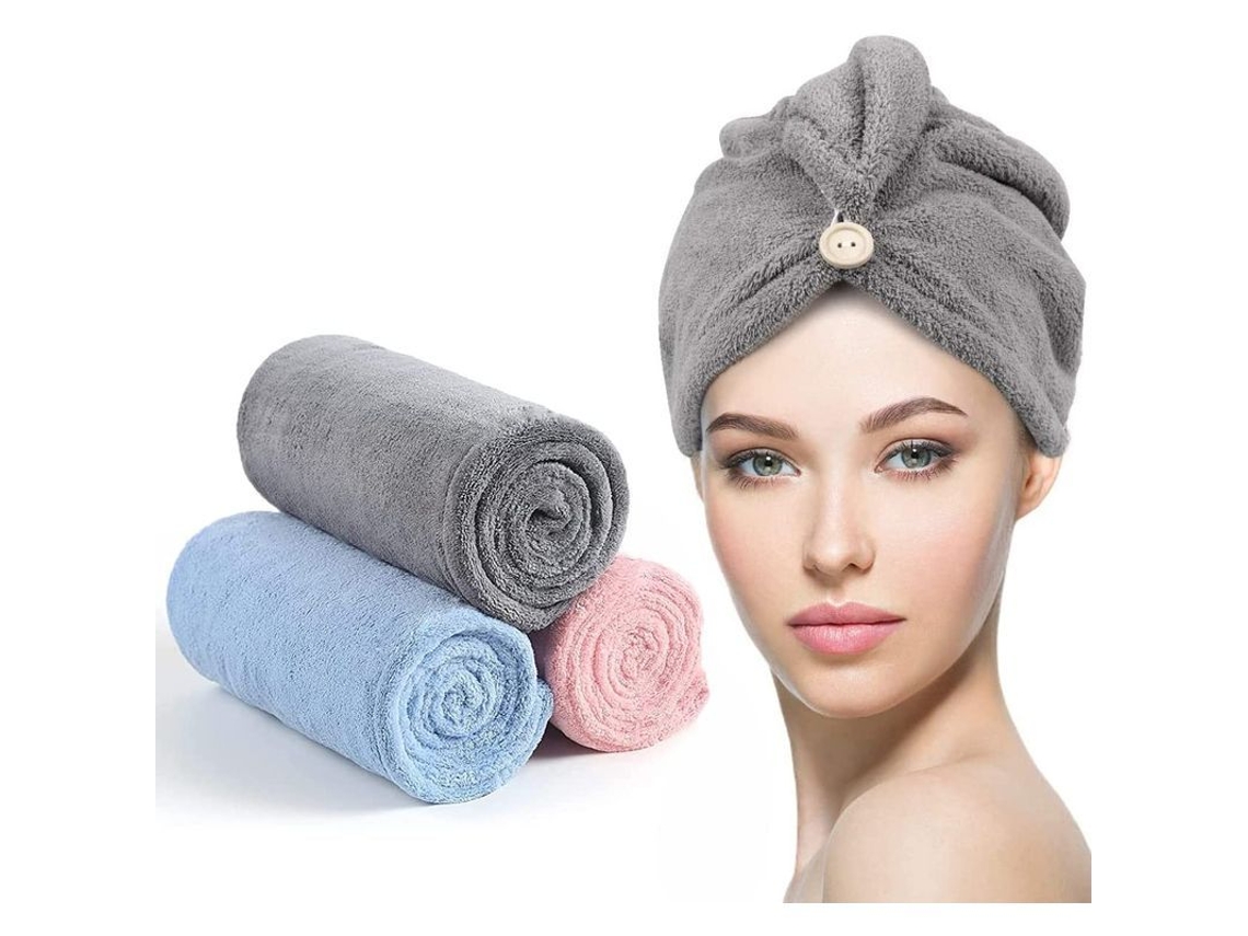 3 Toallas Para Secar El Cabello, Turbante De Microfibra Superabsorbente Con Botones, Azul + Rosa Carne + Gris
