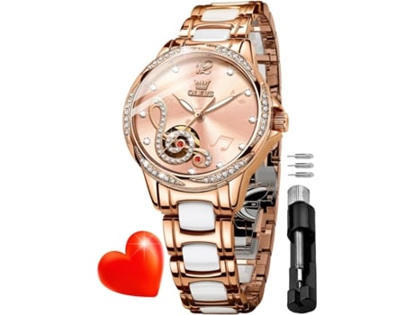 VEANXIN Reloj automático para Mujer Reloj de Diamantes Reloj de señora de cerámica de Oro Rosa para Mujer(rosa)