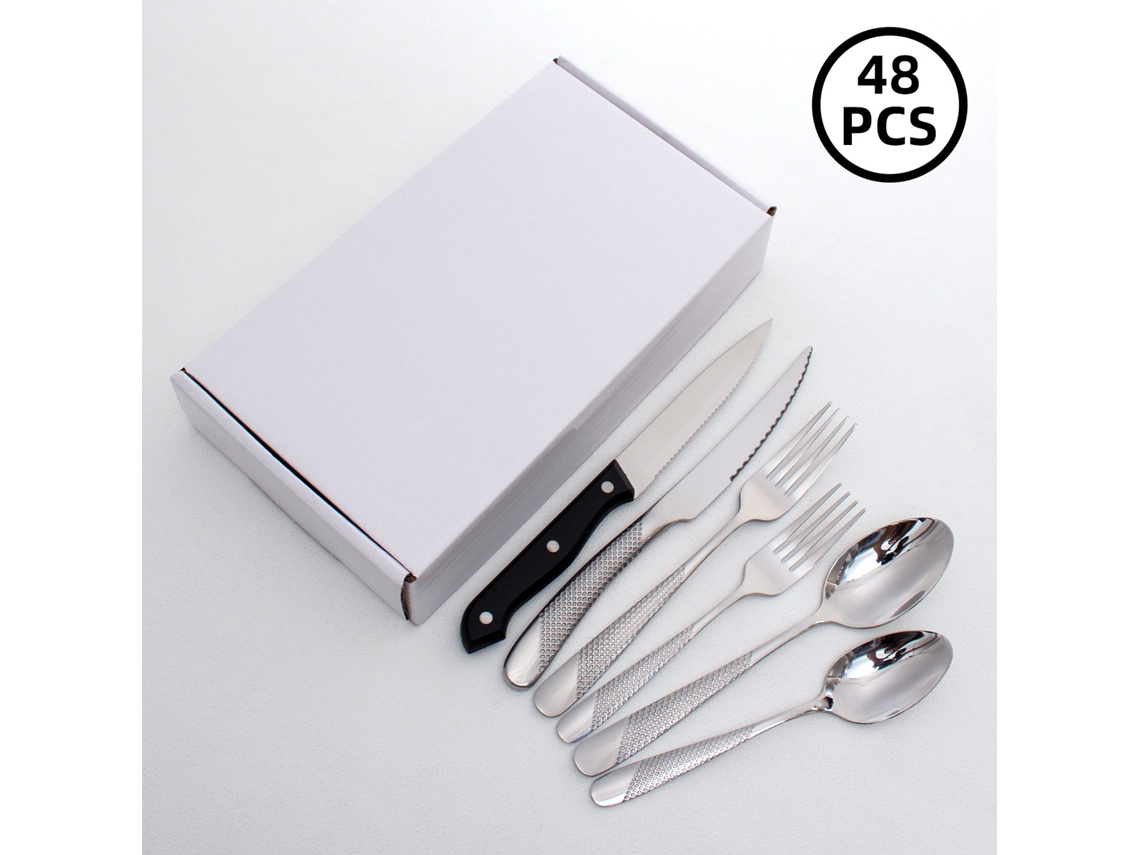 Juego de cubiertos MDUG de acero inoxidable de 48 piezas con incrustaciones de diamante, tenedor y cuchara (48 piezas plateadas)