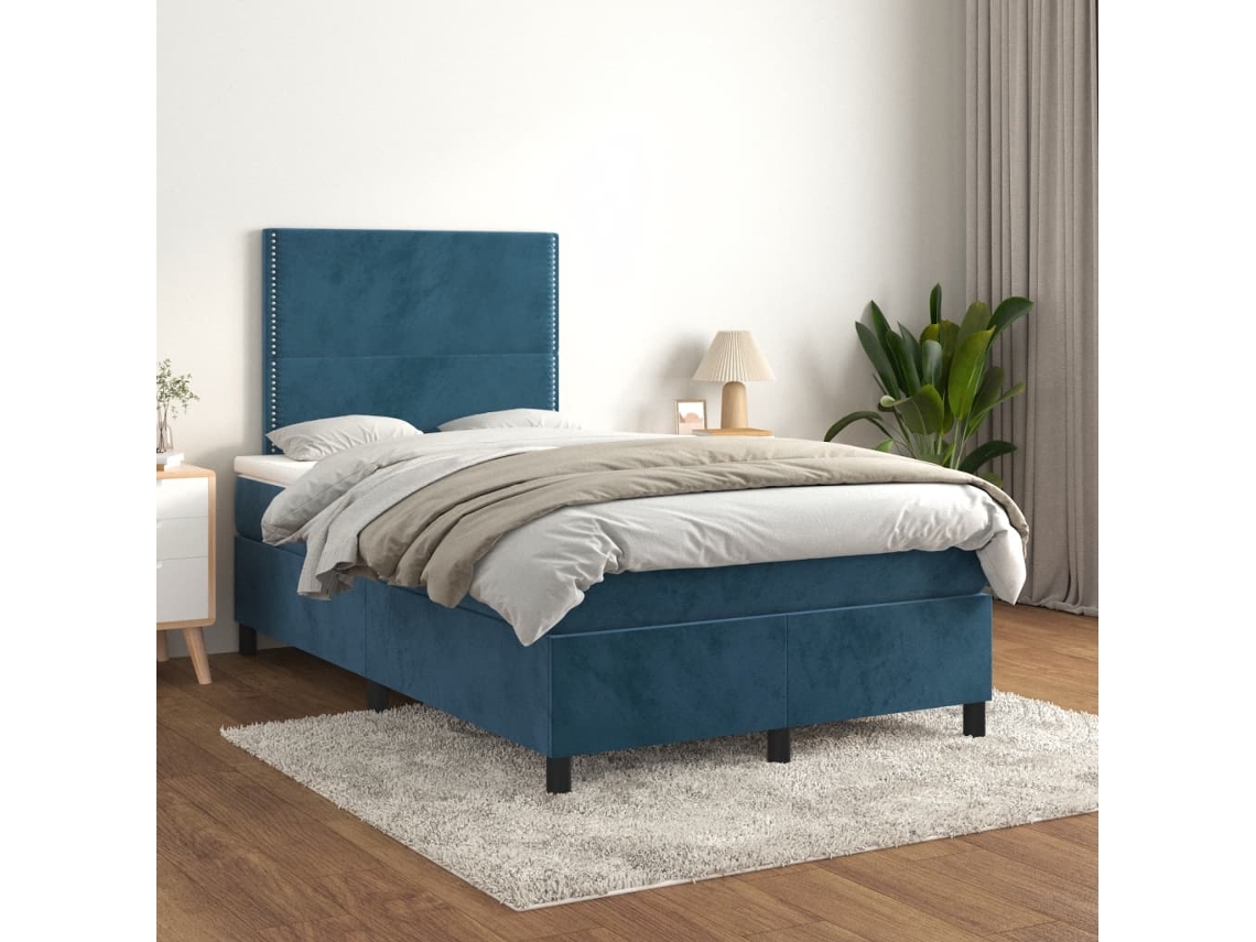 Cama Box Spring Con Colchón Terciopelo Azul Oscuro 120x200 Cm