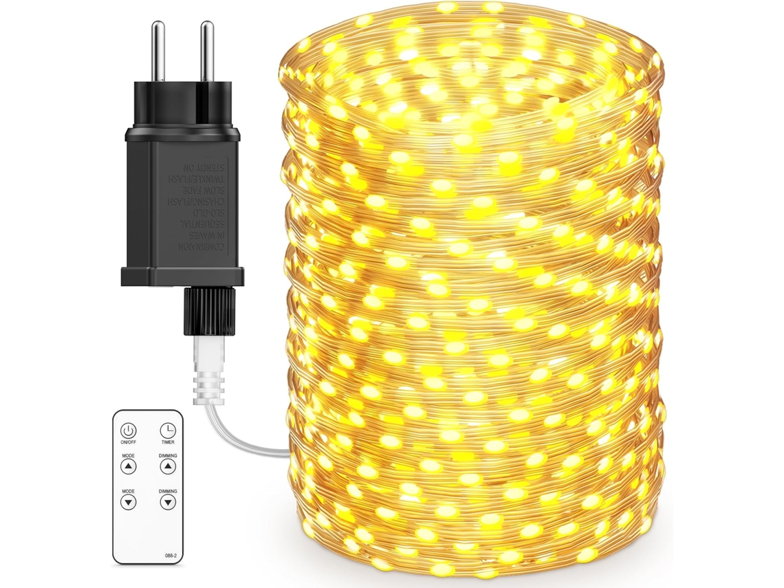 Estendal de Luzes com 600 Leds, 100m para Uso Exterior, 8 Modos, À Prova de Água Ip44, Luz Branco Quente PRIME KANG