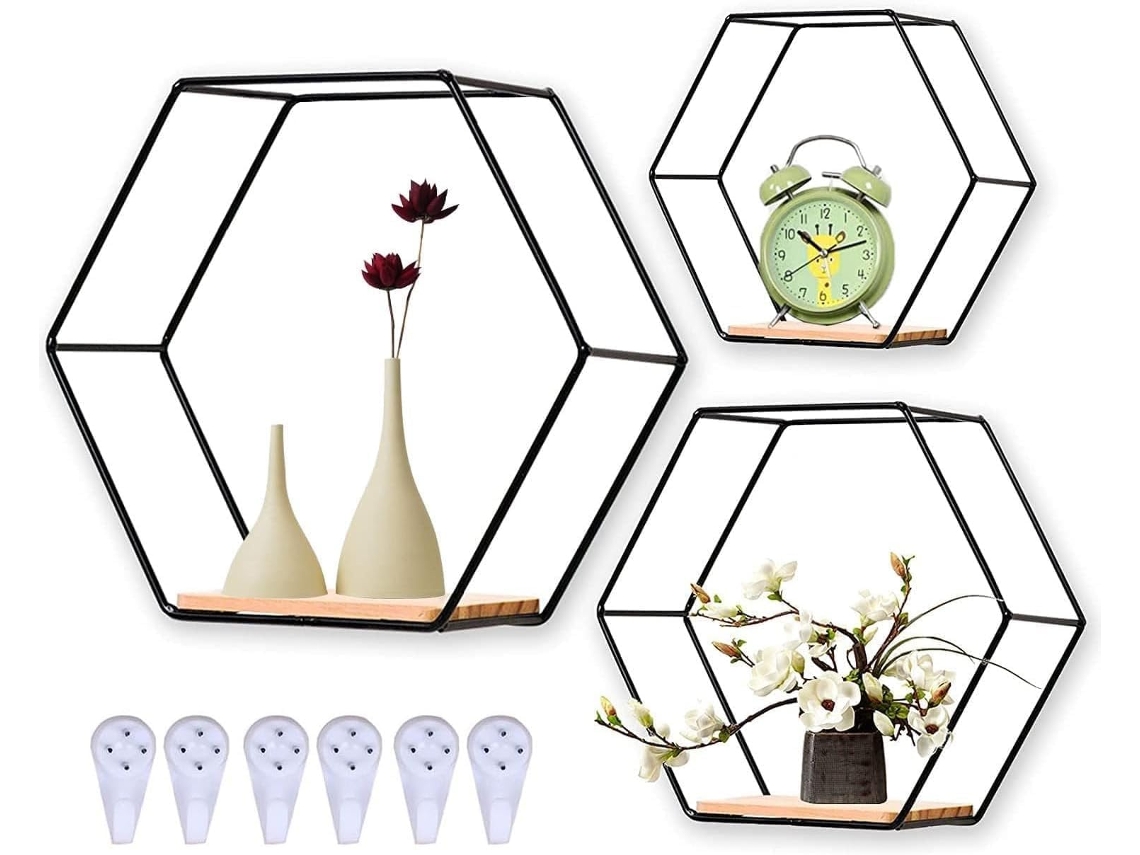 VVJIJILLY Conjunto 3 Prateleiras De Parede Flutuantes Hexagonais Em Madeira E Metal Para Cozinha, Sala, Quarto Ou Wc Preto