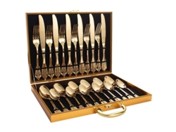 Vajilla MDUG Gold de 24 piezas con caja de madera, cubiertos y cucharas de acero inoxidable 304