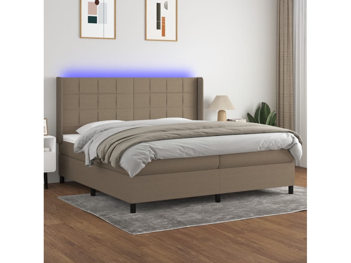 Cama Box Spring Colchón Y Luces Led Tela Gris Taupe 200x200 Cm