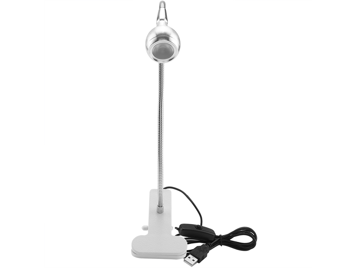 Lámpara de escritorio mini LED USB 2026 con clip para lectura en casa o estudio, color plata cálido.