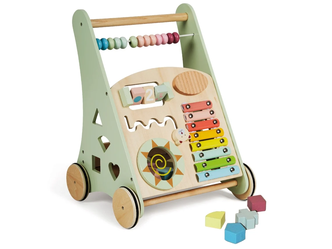 Montessori Andador de Bebé de Madera Carrito de Paseo para Primeros Pasos con Juguetes y Actividades 12 Meses Laponia/Verde BUDDY BABY
