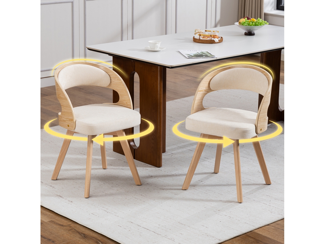Par De Sillas De Comedor De Madera Con Asientos Giratorios Y Tapicería De Lino Beige.