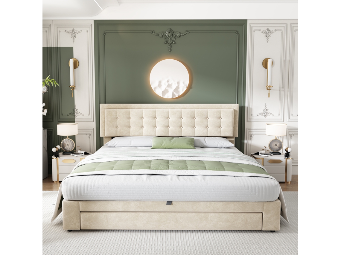 Cama Doble 160x200cm, Con Cajonera Y Cajones, Ajustable, Terciopelo, Base De Lamas, 3 Patas, Amplio Almacenaje, Beige