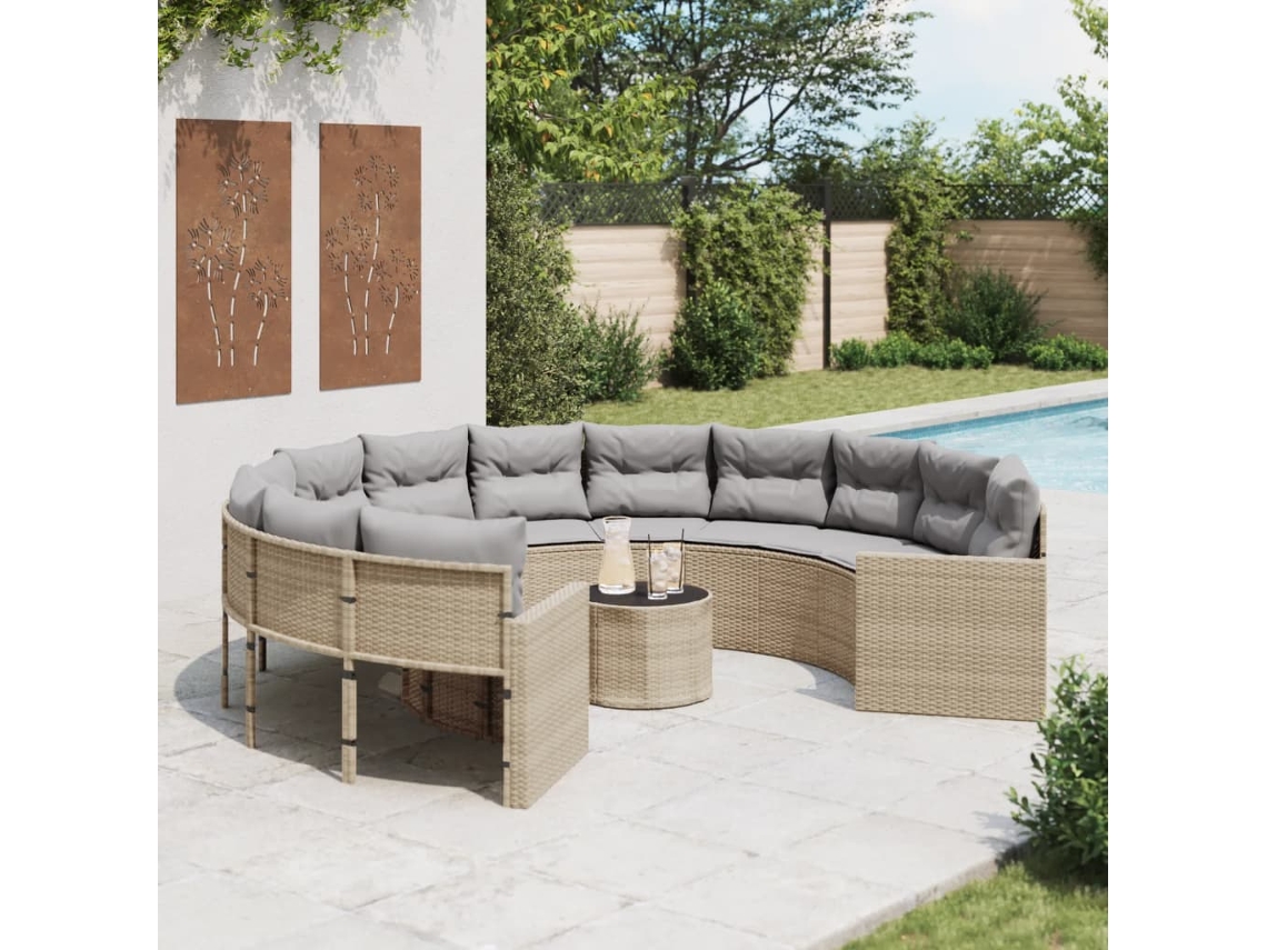 Sofá de jardín con mesa y cojines redondo de mimbre PE beige Dkd Home Decor