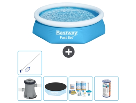 Piscina hinchable redonda Fast Set BESTWAY - 244 x 61 cm - Azul - Bomba incluida Cubrir - Paquete de mantenimiento - Filtrar - kit de limpieza