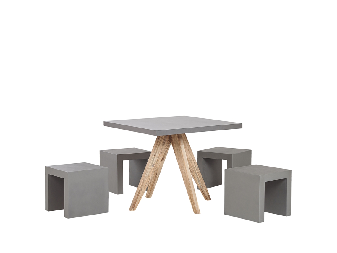 Conjunto de jardín de cemento reforzado mesa 90 x 90 cm 4 taburetes gris/madera clara BELIANI Olbia/taranto