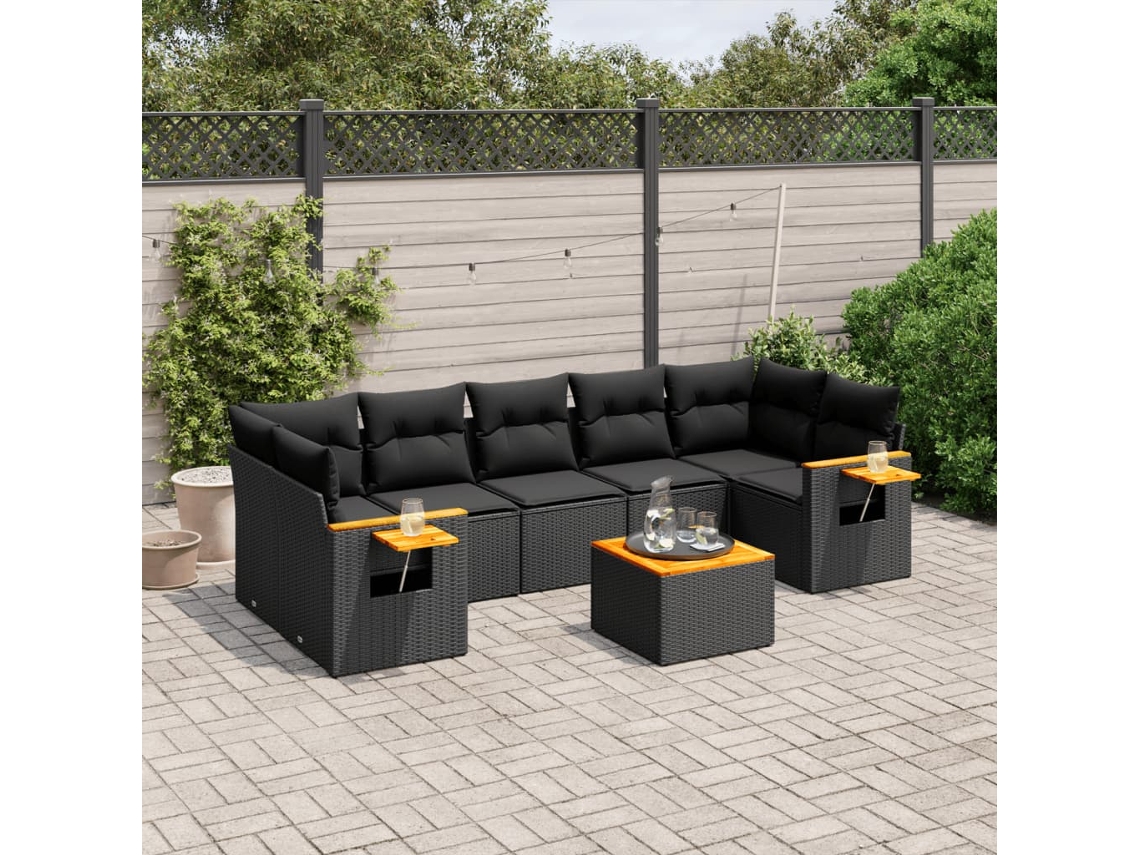 Conjunto de sofá de jardín de 8 piezas con cojines en mimbre sintético negro de DKD Home Decor
