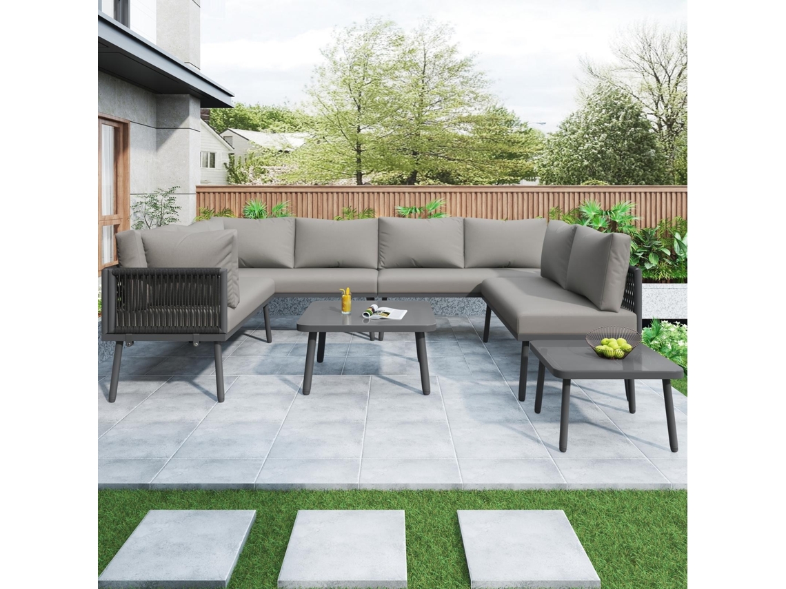Conjunto de jardín metálico para 8 personas con sofá esquinero en forma de U, cojines, 2 mesas y 4 sofás de dos plazas.
