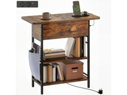 Mesita Auxiliar Con Estación De Carga Y Bolsa De Almacenamiento, 60 X 29,8 X 58,5 Cm, Marrón Rústico.