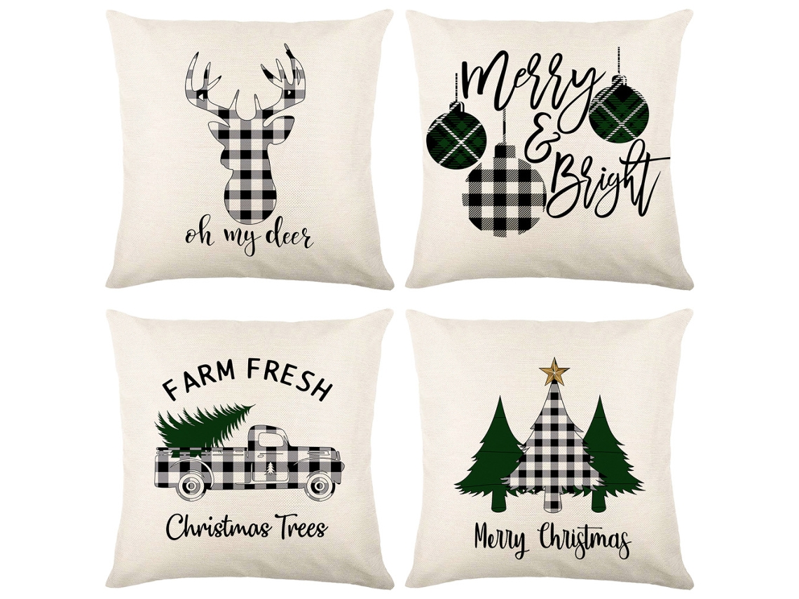 Juego De 4 Fundas De Almohada Navideñas De Lino Fino, 45 X 45 Cm