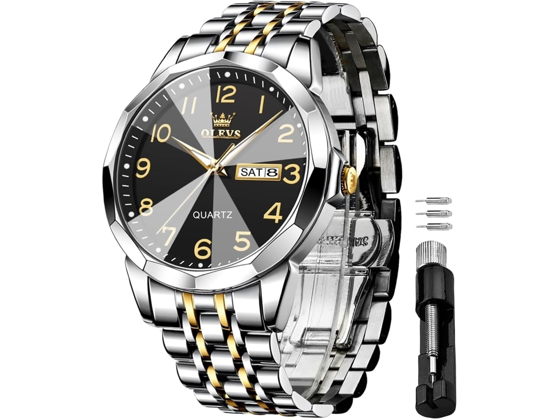 Reloj De Diamante Luminoso Impermeable De Acero Inoxidable De Cuarzo Masculino Con Fecha Oro Negroyuysan