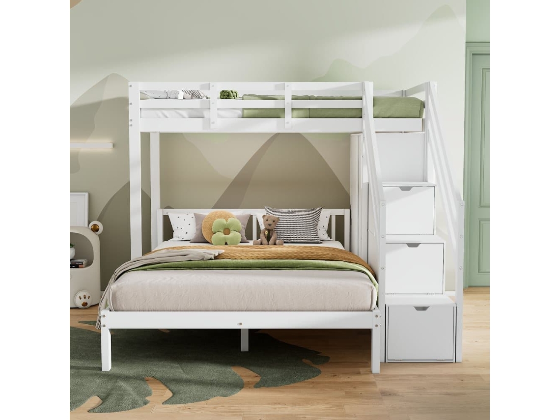 Cama Litera Infantil + 90x200cm+140x200cm - Multifuncional Con Armario Y Escalera De Almacenamiento, Gran Espacio De Guardado - Blanco