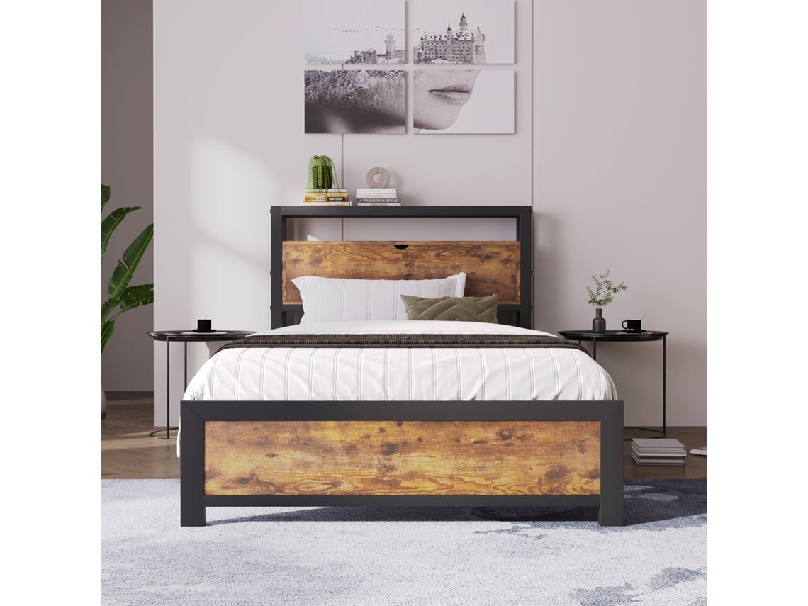 Cama individual de 90 x 200 cm con espacio de almacenamiento, estructura de metal marrón.