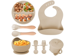 Juego de alimentación para bebés PANOONA de 8 piezas de silicona, que incluye vaso con ventosa, tazón, babero, cuchara, tenedor y vaso con pajita blanca.