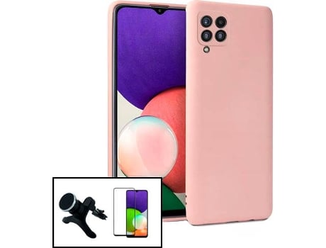 Kit Protector de Cristal Templado 5D Full Cover, Funda Silicona Liquida y Soporte Magnético de Coche Reforzado Samsung Galaxy M22 PHONECARE Rosa