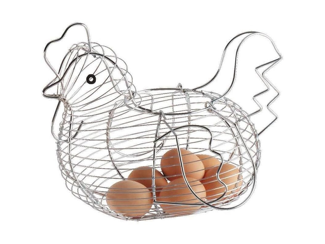 Cesta de alambre con forma de gallina para almacenar huevos en el hogar.