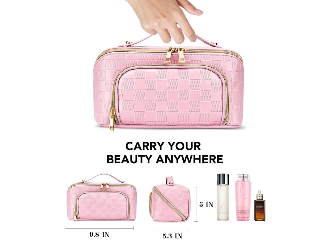 Neceser De Maquillaje Para Mujer, Neceser De Maquillaje A Cuadros, Piel Resistente Al Agua, Gran Capacidad, Apertura Flexible.