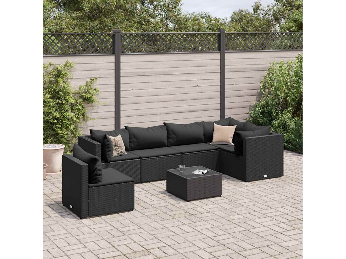 Conjunto de jardín DKD Home Decor de 7 piezas con cojines de mimbre negros