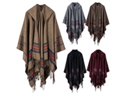Poncho De Mujer Extragrande A Rayas Con Cuello, Ribete De Borlas Y Capucha Para Invierno.