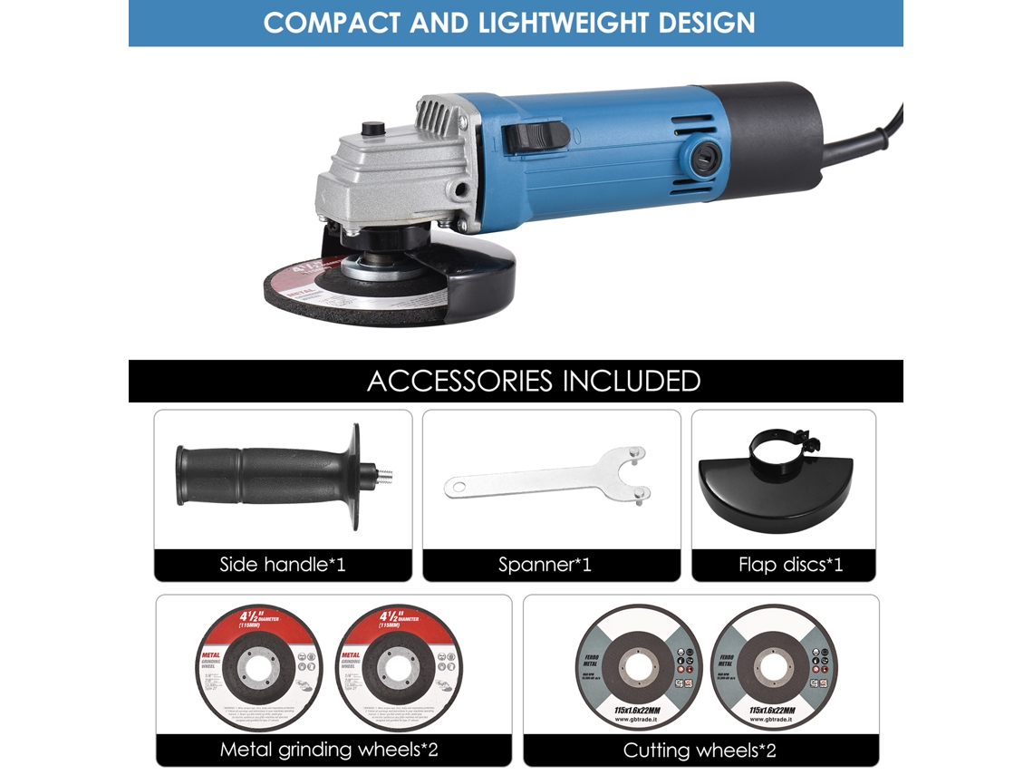 Amoladora angular eléctrica de 4,2 A y 500 W, de 4-1/2”/5” con discos de corte, pulido y eliminación de óxido - Azul (Reino Unido)