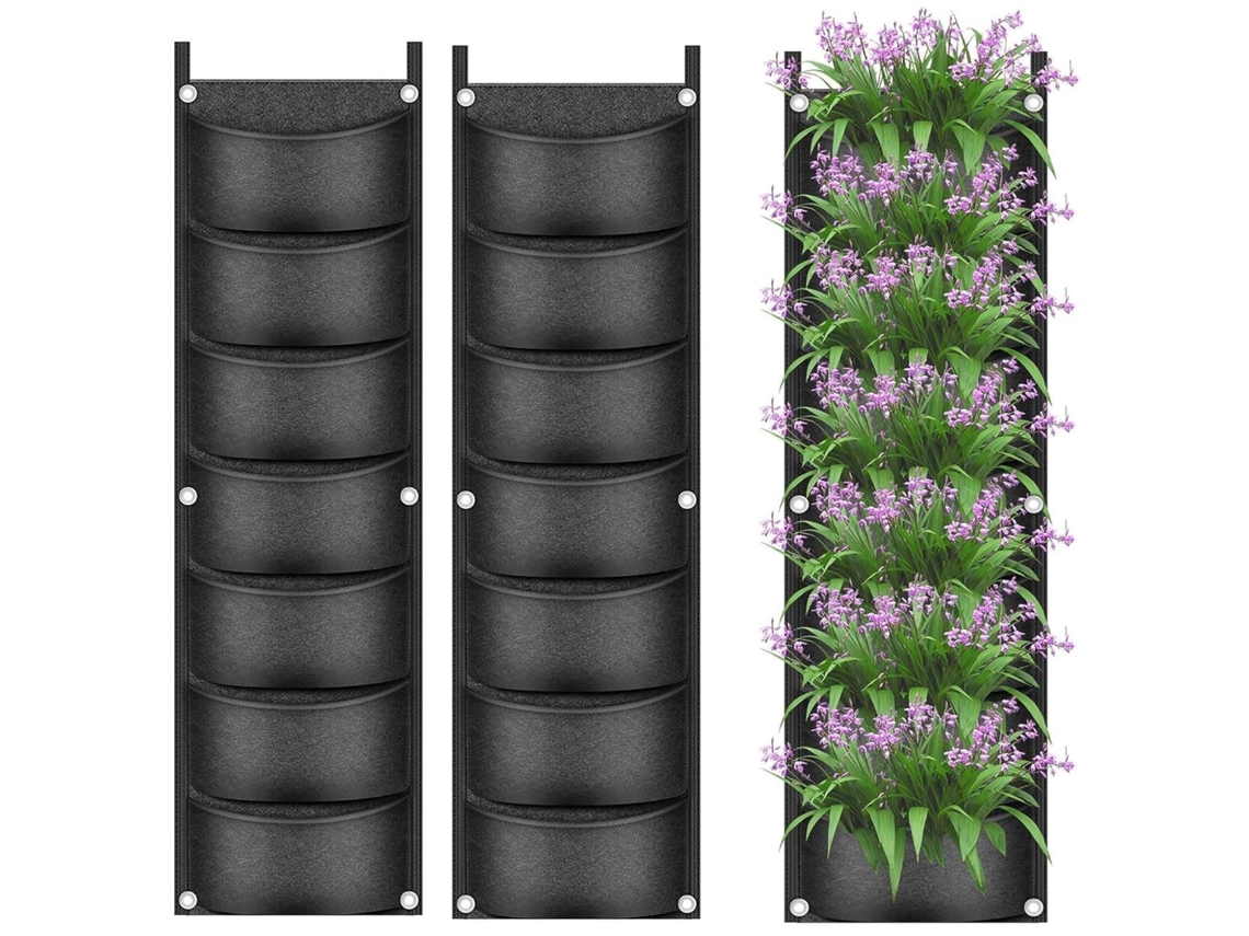 Juego de 2 bolsas de cultivo colgantes para plantas, con 7 bolsillos, para macetas verticales, de tejido transpirable (negro)