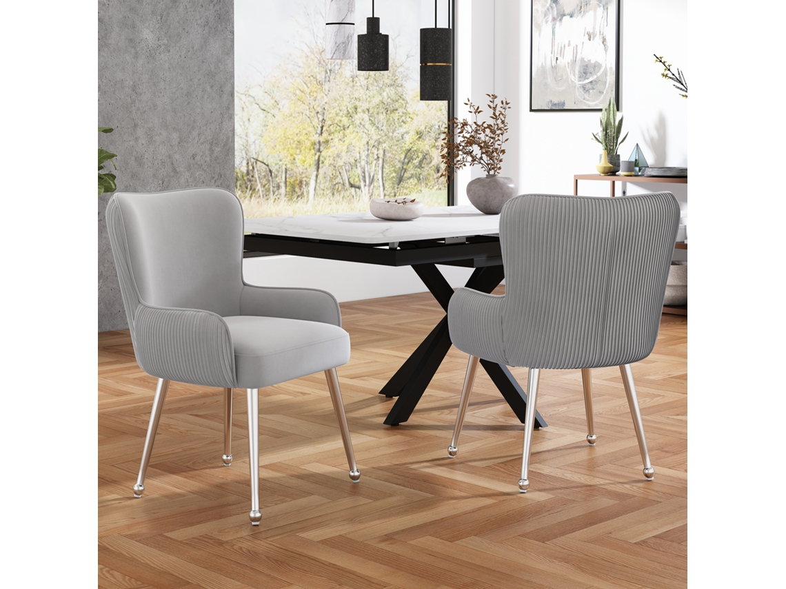 Juego De 2 Sillas De Comedor De Terciopelo Gris Con Reposabrazos.
