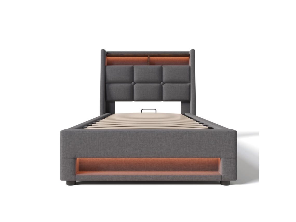 Cama para guardar ropa de cama de 90 x 200 cm con LED y puertos USB - Estructura de cama de láminas - Gris