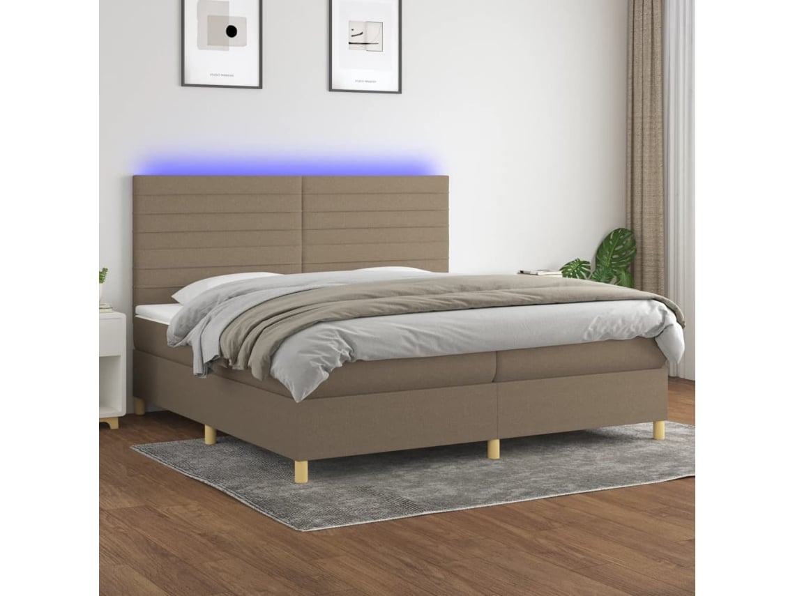 Cama Box Spring Colchón Y Luces Led Tela Gris Taupe 200x200 Cm