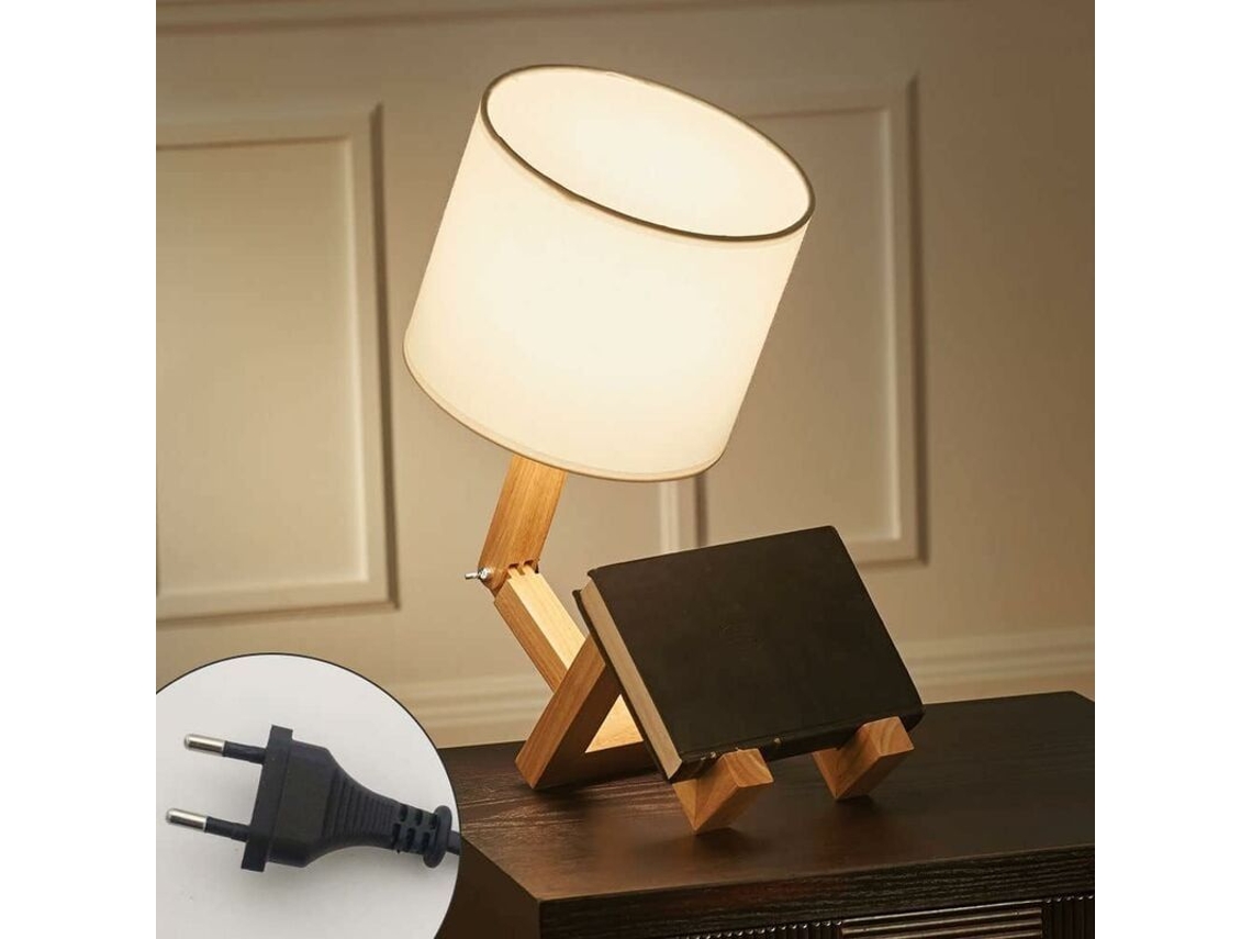Lámpara De Mesa Con Forma De Robot Creativo Y Pantalla De Madera Ajustable E27 Para Iluminación Decorativa.
