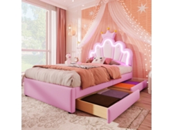 Cama Infantil Princess De 90x200 Cm En Piel Sintética Rosa Con Luces Led Controladas Por Mando A Distancia, Cajones Y Cabecero Regulable.