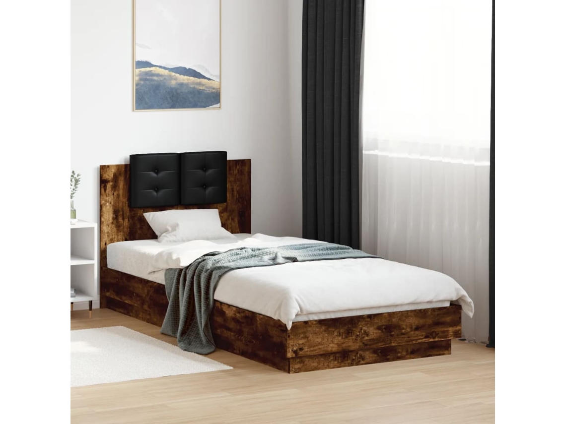 Estructura De Cama Cabecero Luces Led Roble Ahumado 100x200 Cm