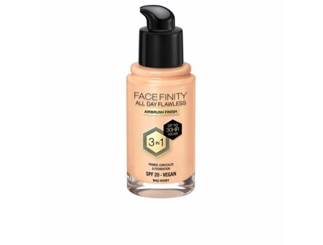 Base de Maquillaje Cremosa Max Factor Face Finity All Day Flawless 3 en 1 Spf 20 Nº N42 Ivory 30 ml