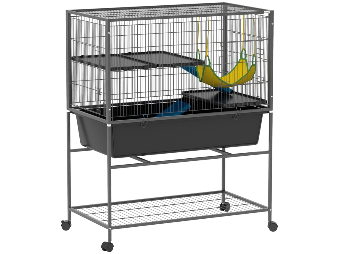 Gaiola 3 Andares Rampas Antiderrapantes Portas Largas Rodas Freio Cinza 88x48x102