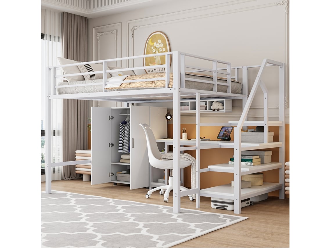Cama Alta De 140x200, Armario, Estante, Escritorio, Escalera Blanca, Colchón No Incluido.