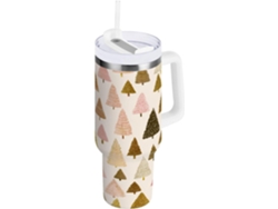 Taza térmica navideña, capacidad de 1200 ml, con pajita y tapa de acero inoxidable. Sin marca.